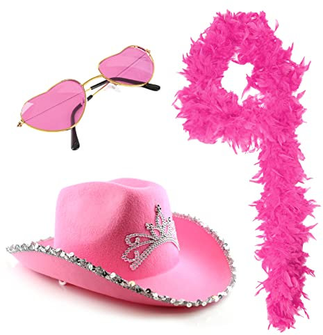 Love Tour Ensemble d'accessoires - Chapeau de cowboy rose avec diadème, boa à plumes rose vif, lunettes de soleil en forme de cœur - Déguisement adulte Pop Icon concert