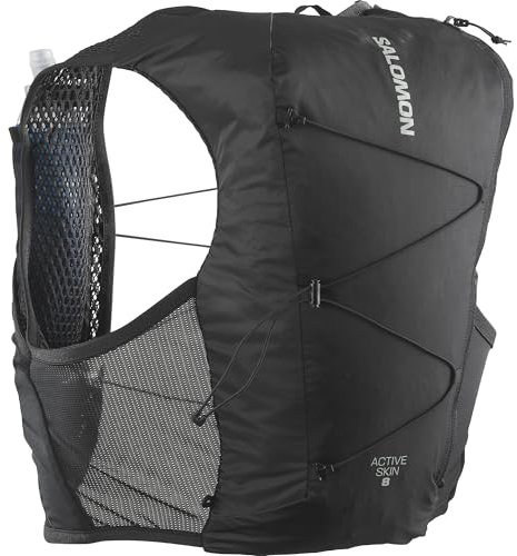 Salomon Active Skin 8 Gilet d'hydratation Trail Running Randonnée Vélo Unisexe avec flasques d'hydratation incluses, Facilité d’hydratation, Fit précis, Rangement optimisé, Noir, S