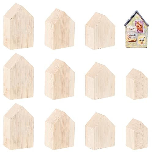 OLYCRAFT 12Pcs 4 Sizes Unfinished Wooden House Shaped Blocks Small Arrow Shape Wooden Tray Plates Tiny Blank Wood Cutouts Farmhouse for Home Kitchen Office Shelf Coffee Bar Decor