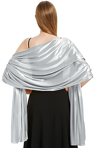 Xnova Stola Scialle Donna Cerimonia 200 * 70 cm, Coprispalle Elegante Sciarpa di Raso, Pashmina Foulard Leggero Lungo Stole Moda Morbida per Regalo (Argento)