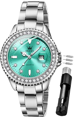 OLEVS Damenuhr Diamant Analoge Armbanduhr mit Kleines Azurblau Gesicht Silber Edelstahlband wasserdichte Frauen Uhr Geschenk Sale Marken