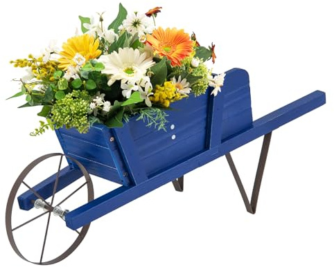 GIANTEX Wooden Wagon Planter, Small Wheelbarrow Wagon Flower, Indoor & Outdoor Raised Bed W/ 9 Magnetic Accessories, Wheel, 2 Handle, Wood Flower Cart Planter for Garden Backyard Holiday (Blue)