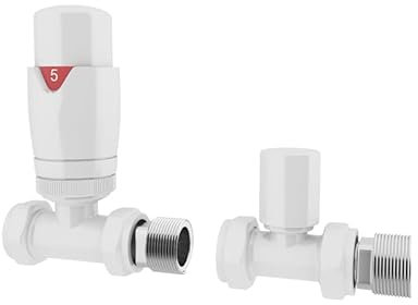 UK Radiators Thermostatic Radiator Valve (TRV) 15mm Straight Lockshield Valve in Gloss White Colour - Energy Saving 1/2 x 15mm Brass Straight Radiator Valve