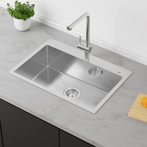 Fregadero Cocina 65 x 45 cm, Auralum Fregadero Cocina 1 Seno, Fregaderos de Acero Inoxidable con Desbordamiento y Sifon de Cocina, Fregadero sobre Encimera o Enrasado (Sin dosificador de jabón)