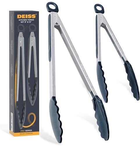 Deiss Pro Stainless Steel Heat Resistant BBQ Kitchen Tongs Set of 2, Non Scratch Silicone Tip for Nonstick Cooking Pans, Strong Grip for Grabbing Food, Air Fryer, Pull Lock, 9 and 12 Inch, Black