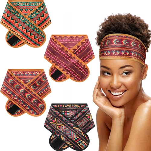 Eurzom 4-teiliges Satin-Haarwickel-Schal-Set für schwarzes Damenhaar - verstellbares Seiden-Stirnband mit afrikanischen Themenmustern