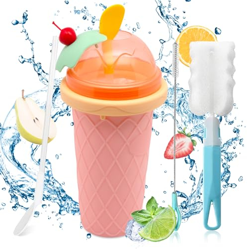 DAZZTIME Slushie Maker Cup Juego de 2 piezas,Frozen Cup,DIY Homemade Quick Frozen Smoothies,Máquina de Granizado,2 In 1 Straw And Spoon,Homemade Smoothie Cups para Niños y Familia