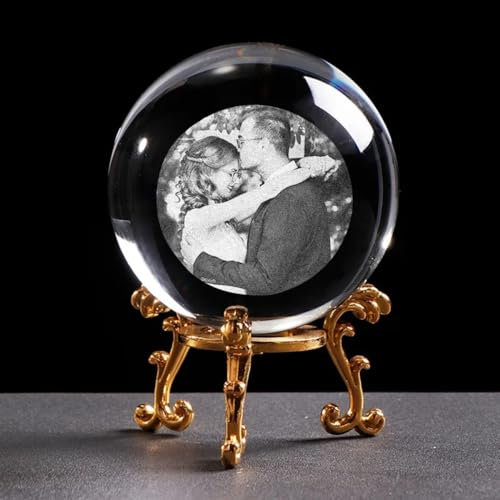 WOMB Glas-Fotokugel Personalisierte Kristallkugel.schneekugel Mit Foto,schneekugel Personalisiert. 2D Kristallkugel Ornament, Geschenk Für Mutter, Hochzeits,Dame (with Gold Base,3D 8 cm)