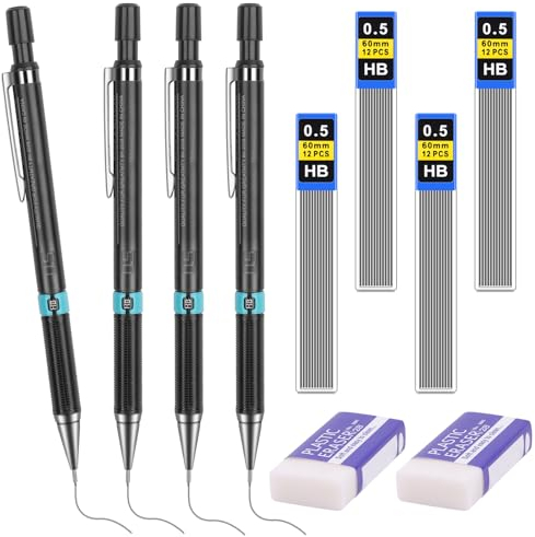 Tikplus Druckbleistift 0,5，4 Stück Druckbleistift Set mit 4 Tuben (48 Stück) Bleistiftmine HB Mienenbleistift 2 Stück Radiergummi, Mechanical Pencil für Zeichnen Schreiben