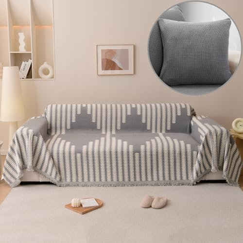 OKYUK Boho-Chenille-Sofabezug, 2-/3-/4-Sitzer- und Ecksofa, waschbar, Quasten-Design, haustierfreundlich, atmungsaktiv, Ganzjahres-Mehrzweck, Wohnzimmermöbelschutz (Boho-Grau, Größe XL (180 x 300 cm)