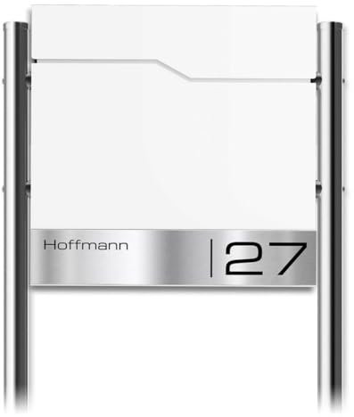 Metzler Briefkasten mit Pfosten in RAL 9016 Verkehrsweiß Enno - Standbriefkasten mit V2A Edelstahl Namensschild & Zeitungsfach - Briefkasten mit Gravur - Postkasten, Größe: 37 x 37 x 10,5 cm