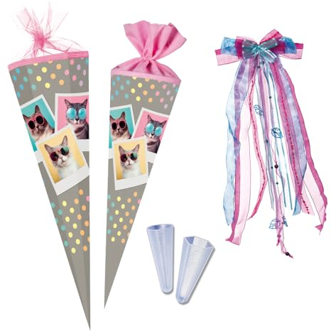 Nestler Schultüte zum Befüllen, Handgemachte Zuckertüte aus Karton - Motiv Cool Cats (70 cm rund)