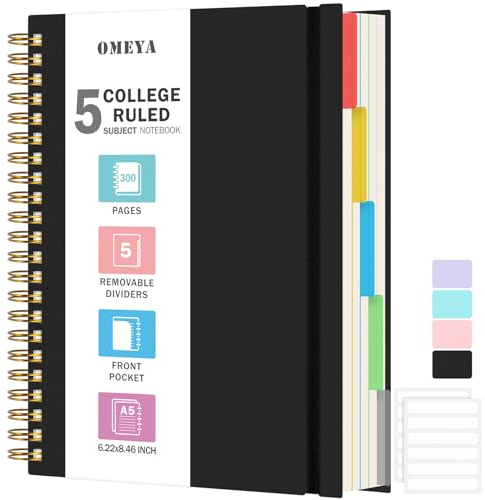 Notizblock, Notizbuch A5 Liniert, Notizbücher Mit 5 Fächern Und Herausnehmbaren Trennblättern, 300 Blatt 100GSM Spiral Notizbuch Softcover Zum Schreiben, Für Arbeit Und Schulbedarf, 15.8 x 21.5cm