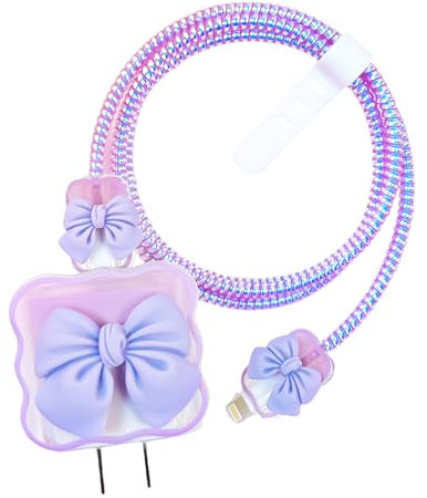 Protector de cable para bricolaje, cargador de cable, cable de datos 5 en 1, 18 W/20 W, USB-C, funda de carga, compatible con iPhone 11, 12, 13, 14, 15 Pro Max (lazo morado)