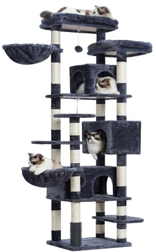 Hey-brother Árbol para Gatos Rascador XXL, Torre de Gatos Multi - Nivel de 188 cm de Altura,con 2 Grandes Plataformas, 3 Cuevas y 2 Cestas, Gris humeado 0EMPJ035-MG