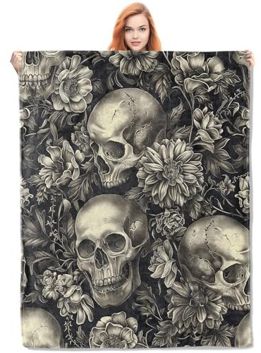 VANZEV Fleecedecke im Gothic-Stil mit Totenkopf-Design, dunkles Blumen- und Skelett-Design, weicher Überwurf, 127 x 152,4 cm, elegante Halloween-Dekoration für Zuhause, Schwarz und Weiß
