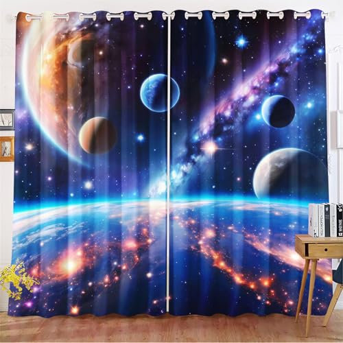 Fadaing Universum Planet Verdunkelungsvorhänge Weltraum Sternenklar Vorhänge Mit Ösen Weltraumuniversums Blickdicht Gardine Für Kinder Und Jugen (7,220x215cm(BxH)/ 110x215cmx2)