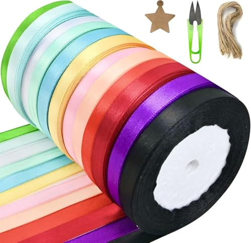 12 Rollen farbiges Polyester-Satinband, Bänder für Geschenkverpackungen mit 50 Geschenketiketten aus Kraftpapier, Jute-Schnur und Schere, Bänder zum Basteln, doppelseitiges Satinband für Luftballons,