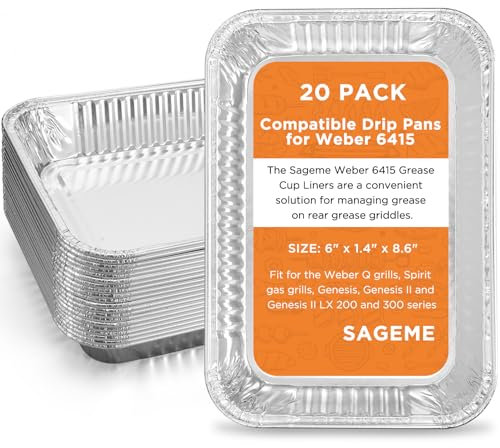 20 Pack Weber Grills Compatible Drip Pans 6415 for Weber Grills Spirit Gas Grills, Q Grills, Genesis and Genesis II LX 200 300 Series Disposable Aluminum Foil Grease Trays 6 x 1.4 x 8.6 Inches
