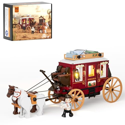 FUNWHOLE Western Stagecoach Beleuchtungsstein-Set – Alter Westwagen und Pferd, 293 Teile, Sammlerstück für Westernliebhaber