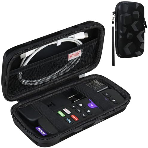 BOVKE Hard Case for Roku Voice Remote Controller, Roku Streaming Stick+┬4K, Roku Remote Case for Roku TV Steaming Stick 3820R/ 3821R/3941R, Extra Mesh Pocket for Adapters, Cables, Black Cube
