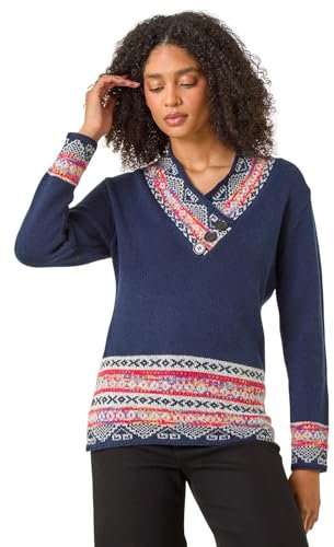 Roman Originals Jumper for Women UK - Ladies Button Detail Embellished Tunic Sweater V-Neck Overlap Autumn Winter Smart Office Work Wear Casual Warm Cosy Pullover Day - Midnight Blue - Size 14