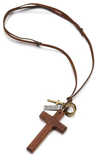 COOLSTEELANDBEYOND Lederschnur Halskette mit Holz Kreuz und Ring Charme, Herren Damen, Verstellbaren Braun Lederband