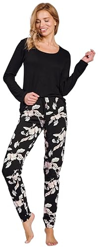 Mademoiselle Sommeil Damen Pyjama Set | Schwarzes RIPP-Oberteil & Florale Hose | 100% Baumwolle & Viskose-Mix | Langärmlig & Lange Hose | Komfortable Nachtwäsche für alle Jahreszeiten