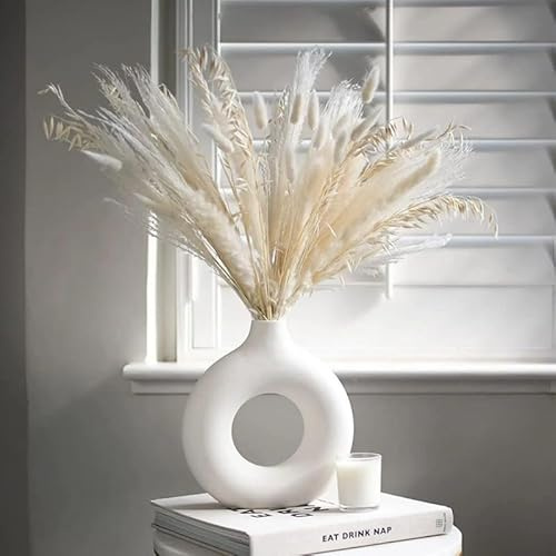 Lywins Vase Für Pampasgras Blumen, Weiß Keramik Donut Vase, Weiß matt, Blumen, Runde Form Modern Getrocknete Blumenvasen Für Wohnzimmer Büro Dekoration (M (18 x 19 CM))