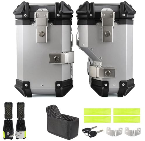 Motorrad-Seitenkoffer, Motorrad-Gepäck-Seitentasche mit Schloss, Hartschalen-Satteltaschen für den Kofferraum von Motorrädern, 38-l-Motorradkoffer, silberne/schwarze Seitenbox, 1 Paar (Silbe