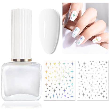 Classic White Nail Polish - Quick Dry White Varnish - Long Lasting Air Dry Nail Polish with Rhinestones Sticker, No Need UV for DIY Manicure & Nail Art
