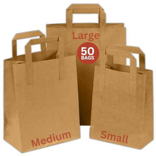 Brown Kraft Paper Bags with Handles – 50 Large Recyclable Biodegradable SOS Carrier Bag (12 x 10 x 5.5) | Eco-Friendly, Strong Takeaway, Grocery, Shopping, Lunch, Party & Gift Bags for Catering