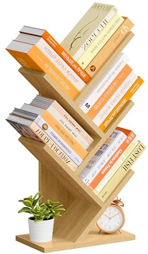 Hoctieon 4 Tier Tree Bookshelf, 4 Shelf Bookcase, Free Standing Tree Bookcase, Display Floor Standing Shelf for Books, Book Organizer Shelves for Home Office, Living Room, Bedroom, Yellow