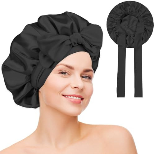 Cuffia 100% Seta per Dormire | Cuffia per Capelli in Seta | Cuffia per Capelli per Dormire | Fascia per Capelli in Seta per Dormire | Cuffia per Dormire in Seta per Capelli Lunghi e Ricci (Nero)