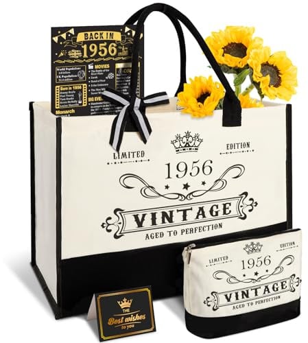 70th Birthday Gift for Women-Vintage 1956 Canvas Tote Bag,Makeup Bag,Poster | Large Capacity，Easy to Clean and Reusable, Waterproof Coating, Specially Designed for 1956, Gifts for 70 Year Old Woman
