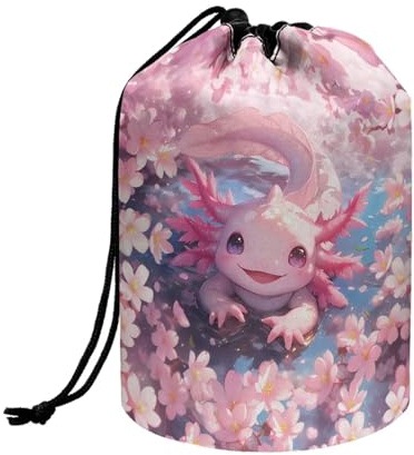 Wnbucioht Cute Axolotl Drawstring Cosmetic Bag for Women Travel Toiletry Bucket Bags Large Barrel Stand up Makeup Bag Cherry Blossom Axolotl Print Drawstring Wash Bag Womens Toiletry Travel Bag