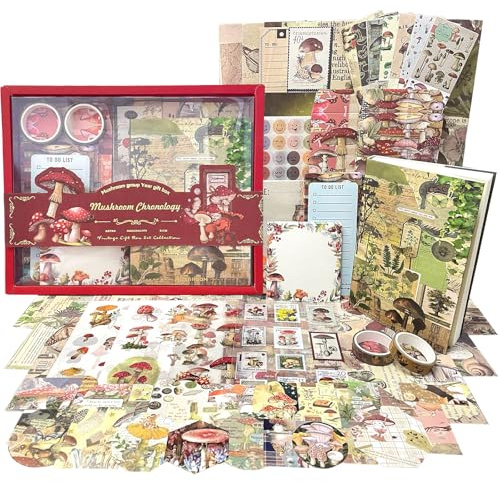 Vintage Scrapbook Zubehör Set, 223Pcs Ästhetisches Junk Journal Kit mit A6 Raster Notizbuch Natur Pilz Journaling Sticker Scrapbook Papier Aufkleber Deko DIY Geschenk für Teenager Mädchen Damen (Rot)