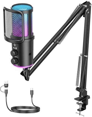 Microphone USB de jeu, microphone à condensateur avec suppression du bruit avec sourdine, bras articulé pour micro-réglage de la réverbération, surveillance pour streaming, podcasting, Discord