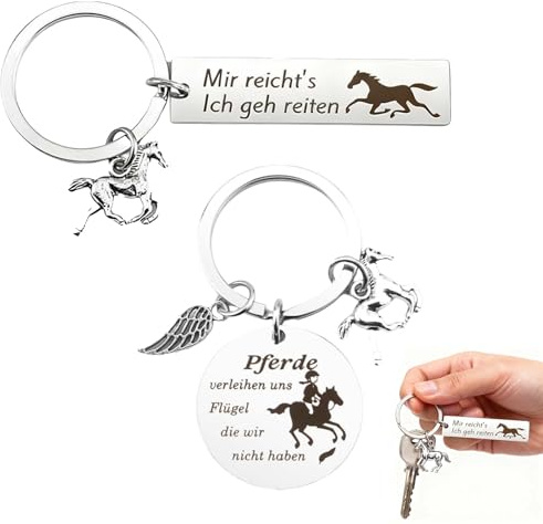 2er Set Pferd Geschenkset – Pferd Schlüsselanhänger, für Mädchen und Damen – Edelstahlgravuranhänger – mit deutscher Inschrift – Glücksschutz für Pferdefans, Reiter, Freunde und Erwachsene – Geschenk
