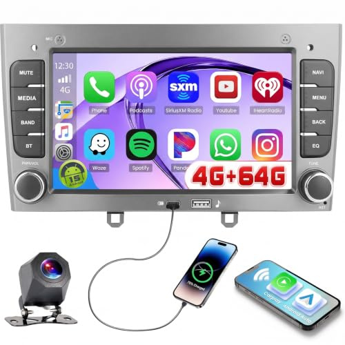 Roinvou 4+64G Android 15 Radio Coche para Peugeot 308 408 2007-2015 con inalámbrico Carplay Android Auto, 9 Pulgadas Pantalla Táctil EQ FM/RDS GPS WIFI Bluetooth 1280*720 Pixel MIC SWC Cámara Trasera