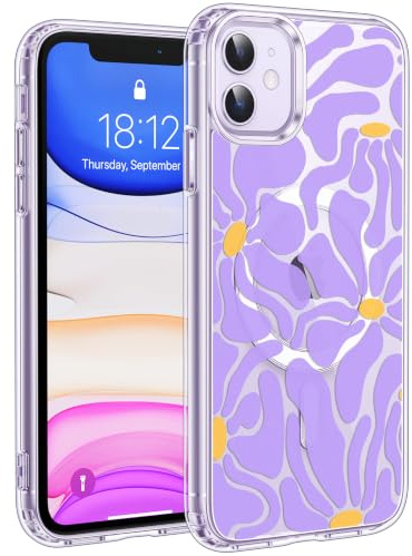 Jkvare for iPhone 11 Case, Crystal Clear Aesthetic Pattern Wireless Magnetic Protective Phone Cover for Women Girls - Purple Florals