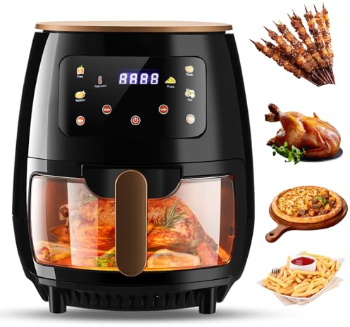 Oyajia Freidora de aire caliente con ventana de visualización, 6 en 1, pantalla táctil inteligente, negro, 5 l, función de temporizador, apta para lavavajillas, cocina sana sin aceite y baja en grasa