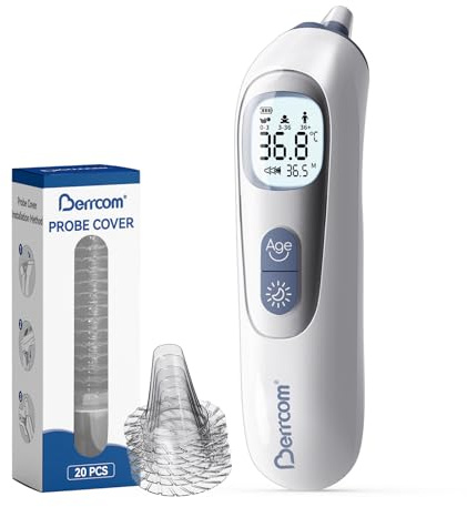 Berrcom Hochpräzises Ohrthermometer, Fieberthermometer mit vorgewärmter Sonde für Erwachsene und Babys, Temperaturanzeige nach Altersgruppen, sofortige Messung