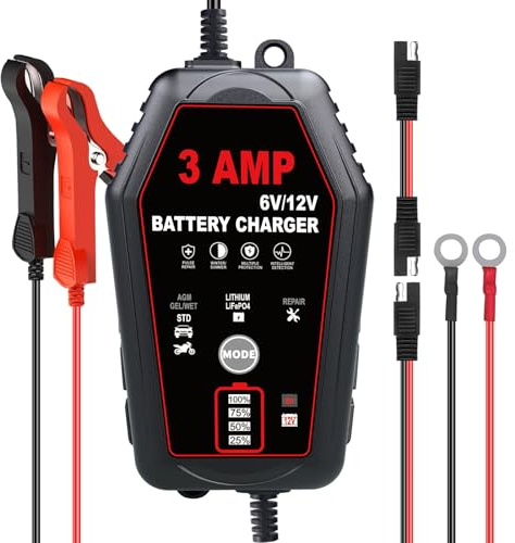 Haisito 3 AMP Battery Charger, 6V/12V Car Motorcycle Smart Trickle Chargers | Fully Automatic Battery Chargers, Battery Maintainer for Car, Motorcycle, Boat, Lead-Acid, Lithium, LiFePo4 Batteries