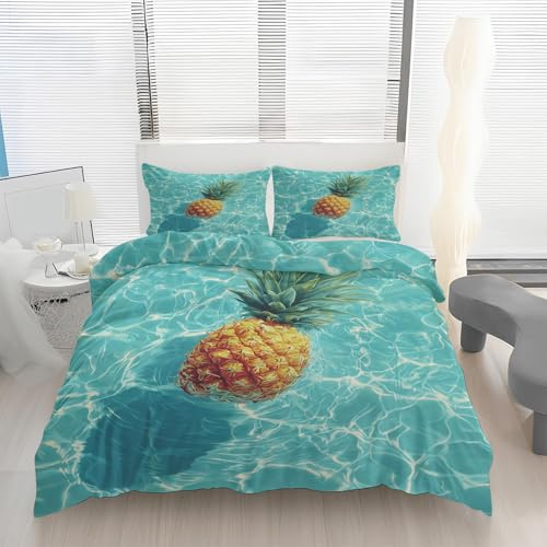 Generisch Ananas Bettwäsche 200x200, Schwimmbad Wendebettwäsche, Tropische Früchte Motiv Bettbezug mit Reißverschluss, Weiche Mikrofaser Bettwäsche Sets 3 Teilig mit 2 Kissenbezug 80x80 T40b
