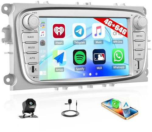 SIXWIN 4+64G Android 15 Radio Coche para Ford Focus II Galaxy II Mondeo 9 S-MAX C-MAX con CarPlay&Android Auto,7'' Pantalla Táctil con Bluetooth 5.0 /WiFi/GPS/FM/RDS/USB/Type-C 32EQ(Plata)
