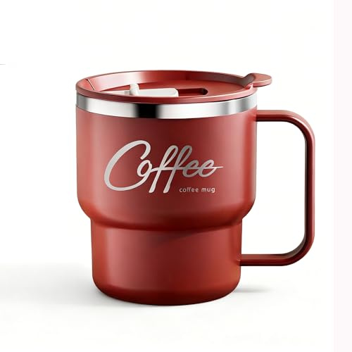 Kilimazart 12 oz Insulated Coffee Mug with Lid and Handle, Double Wall Vacuum Insulated, Stainless Steel, Travel Cup for Hot or Cold Drinks (Red)