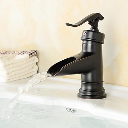 BiaoTeng Robinet Salle de Bain Cascade Laiton Monotrou eau Chaude et Froide Mitigeur Lavabo Style Ancien Monotrou Noir