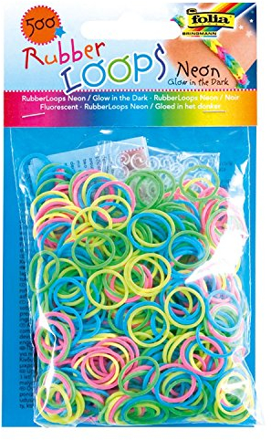 folia 339599 - Rubber Loops glow in the dark, 500 Gummibänder, inklusive 25 stück - Clips und 1 Häkelnadel, neon