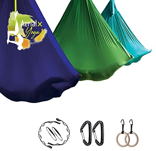 AerialX Aerial Yogatuch - Yoga Fitness Set Indigo-Blau | GS geprüfte Yoga Hängematte inkl. Turnringe für Yoga Pilates und Gymnastik | Germany Nur für Erwachsene
